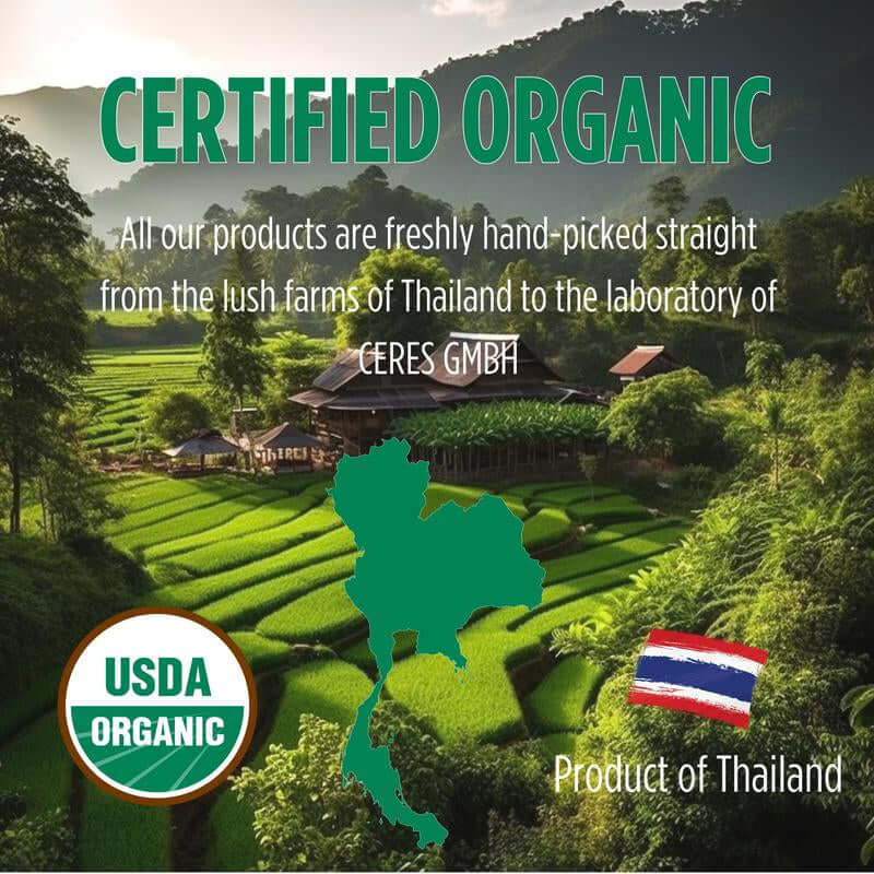 Organic Purple Hibiscus and Butterfly Pea Flower Tea sourced from certified organic farms in Thailand.