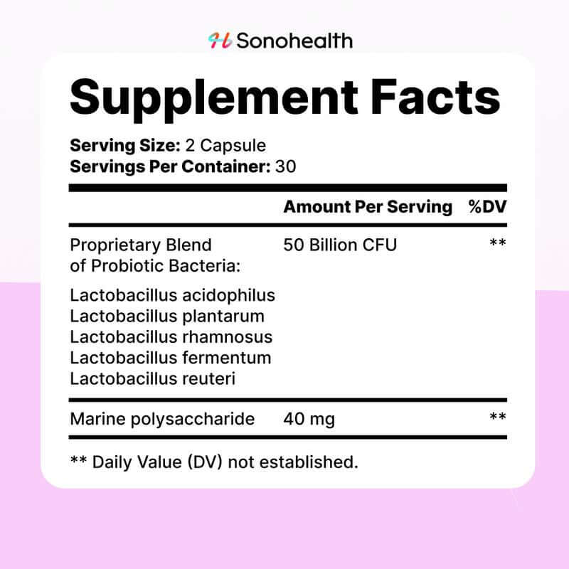 Supplement Facts for Women's Probiotics showing capsule dosage, bacterial strains, and serving information.