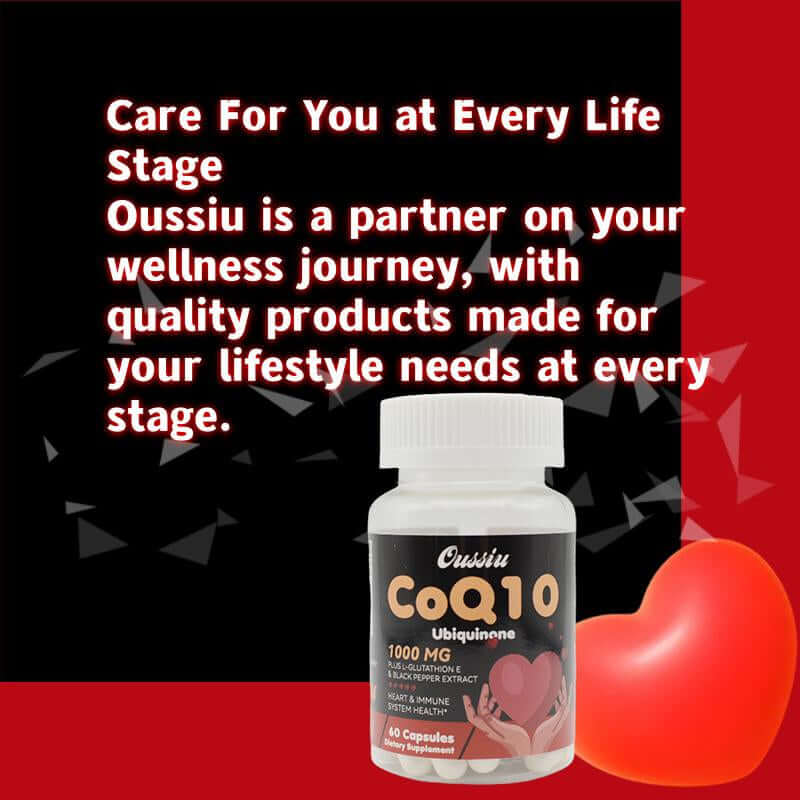 1000Mg CoQ10 Ubiquinone for Heart Health Energy supplement bottle with heart background.