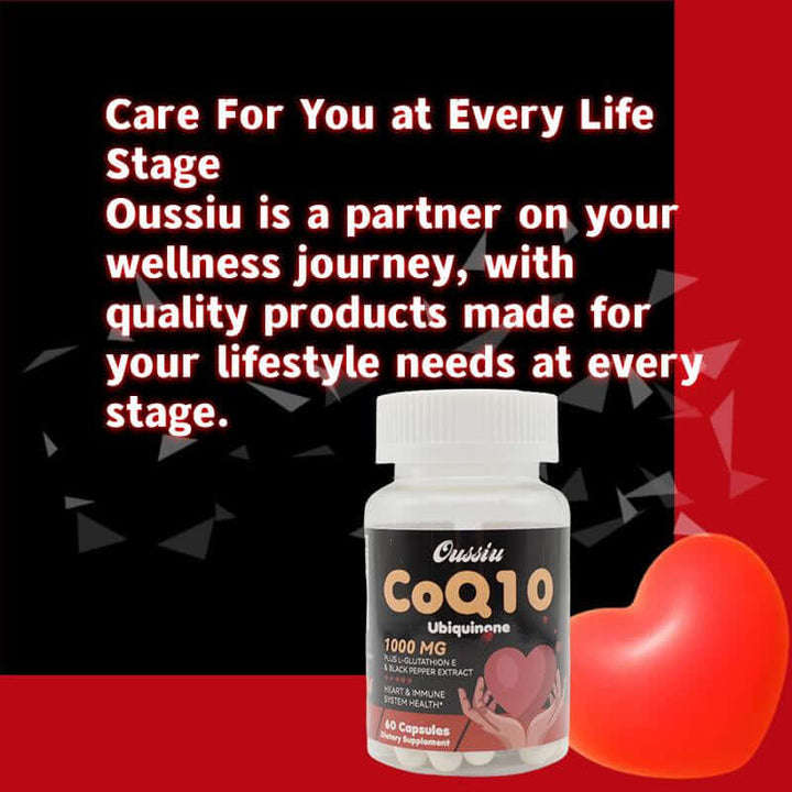 1000Mg CoQ10 Ubiquinone for Heart Health Energy supplement bottle with heart background.