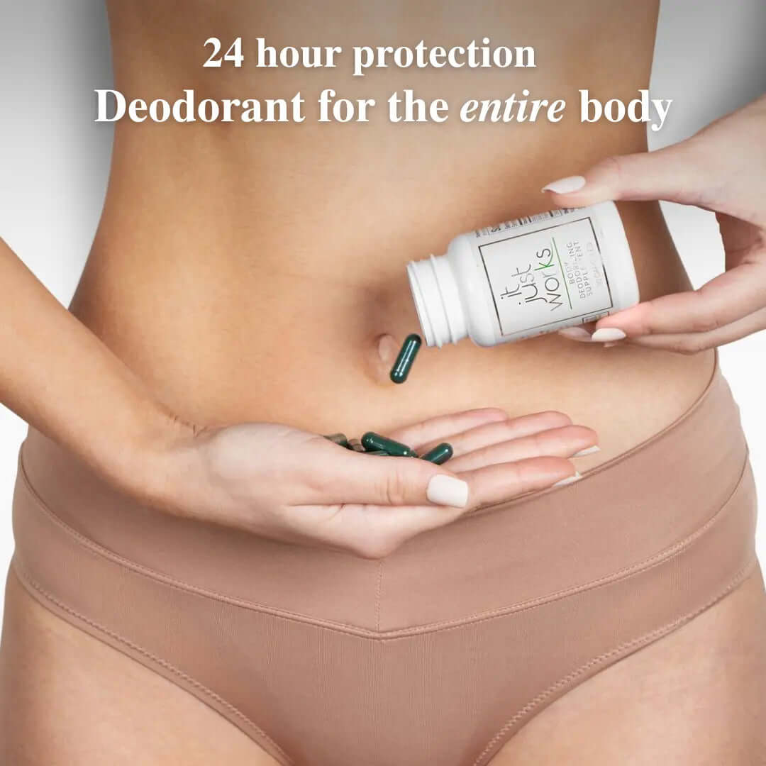 Deodorizing Supplement for Complete Body Care shown with 24 hour protection in a woman&