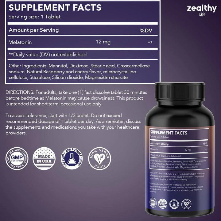 Melatonin 12Mg Fast Dissolve Tablets – Natural Berry Flavor 100 Count – Extra Strength Sleep Support for Adults – Non Habit Forming 100 Day Supply