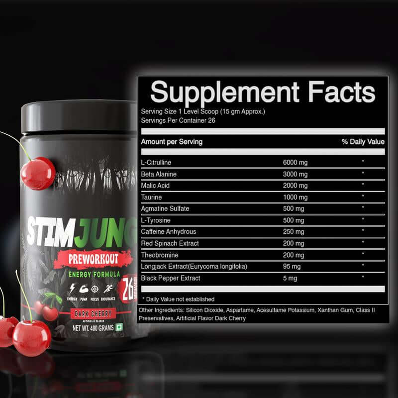 Pre-workout Energy Blend supplement facts showing ingredients and serving details for energy boost.