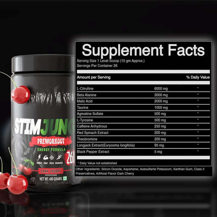 Pre-workout Energy Blend supplement facts showing ingredients and serving details for energy boost.