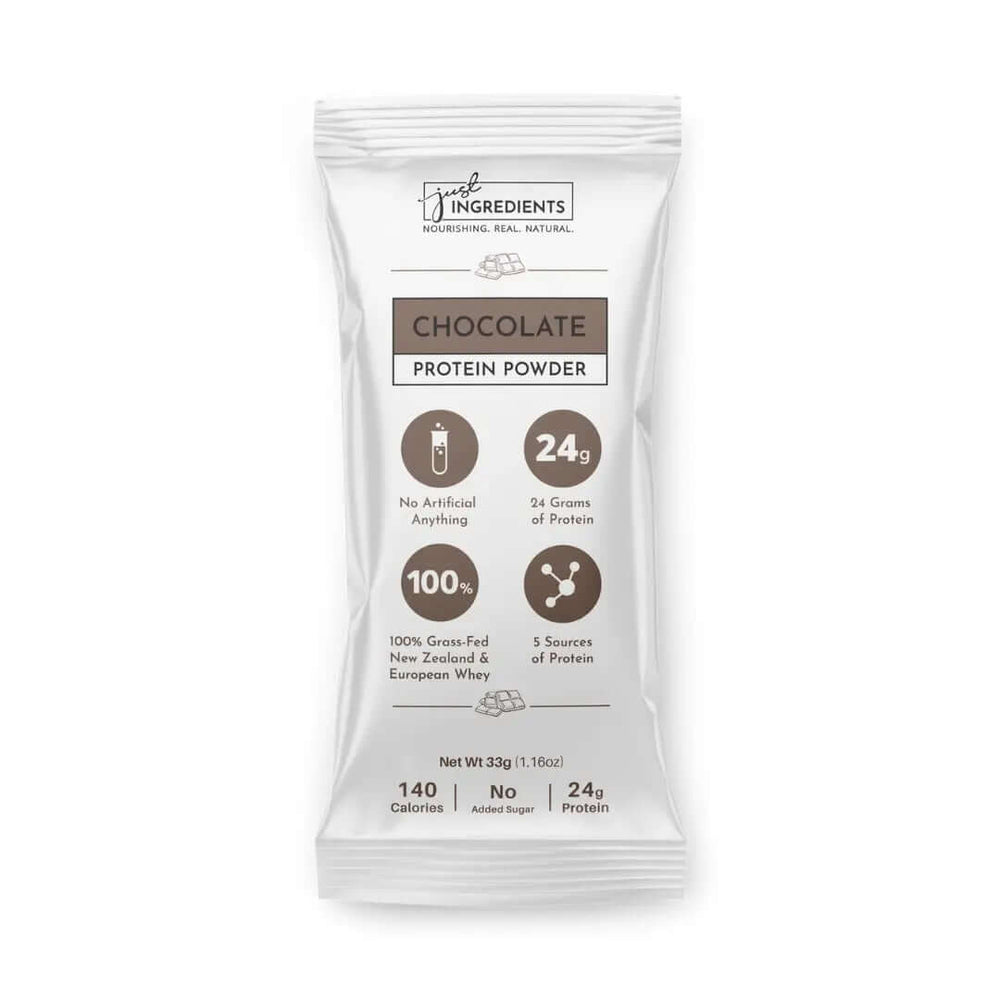 Chocolate Protein Powder - Individual Stick packaging with nutritional information and benefits highlighted.