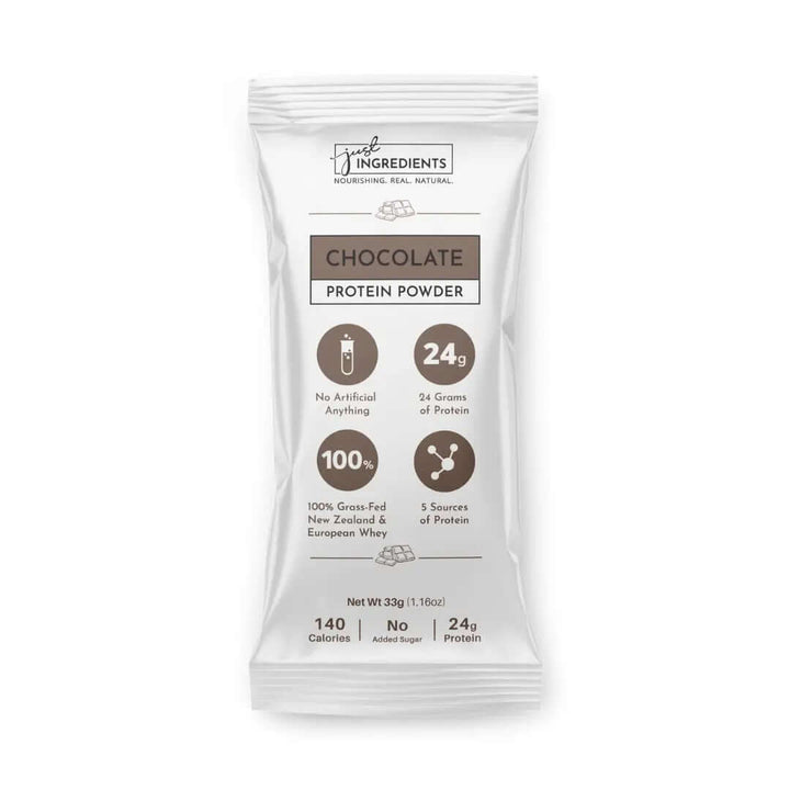 Chocolate Protein Powder - Individual Stick packaging with nutritional information and benefits highlighted.
