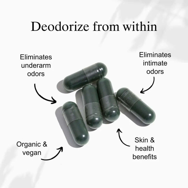 Deodorizing Supplement for Complete Body Care capsules eliminate underarm and intimate odors, promoting skin and health benefits.