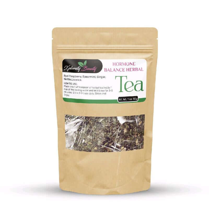 Hormone Balance Organic Herbal Tea in a brown packaging with herbal ingredients for hormonal support.