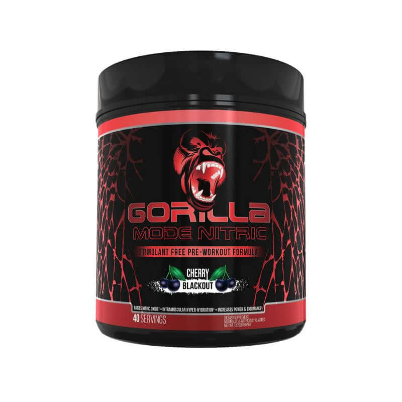 Gorilla Mode Nitric Stimulant Free Pre-Workout - Nitric Pump Formula in Cherry Blackout flavor, 40 servings.