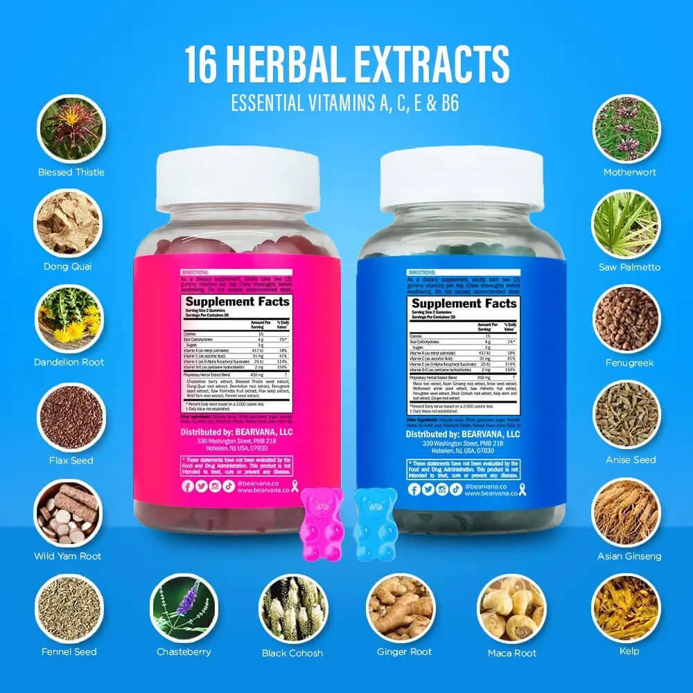 Women’s Support Supplement | Gummies Combo Pack featuring essential vitamins and 16 herbal extracts in vibrant bottles.