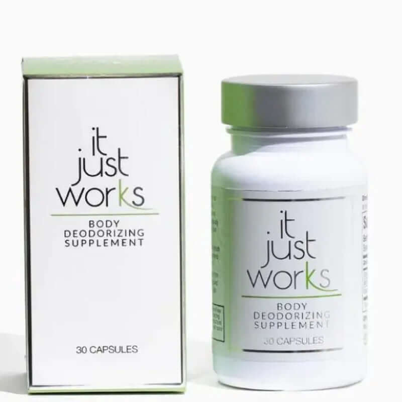 Deodorizing Supplement for Complete Body Care in a bottle and box, featuring 30 capsules for effective odor control.