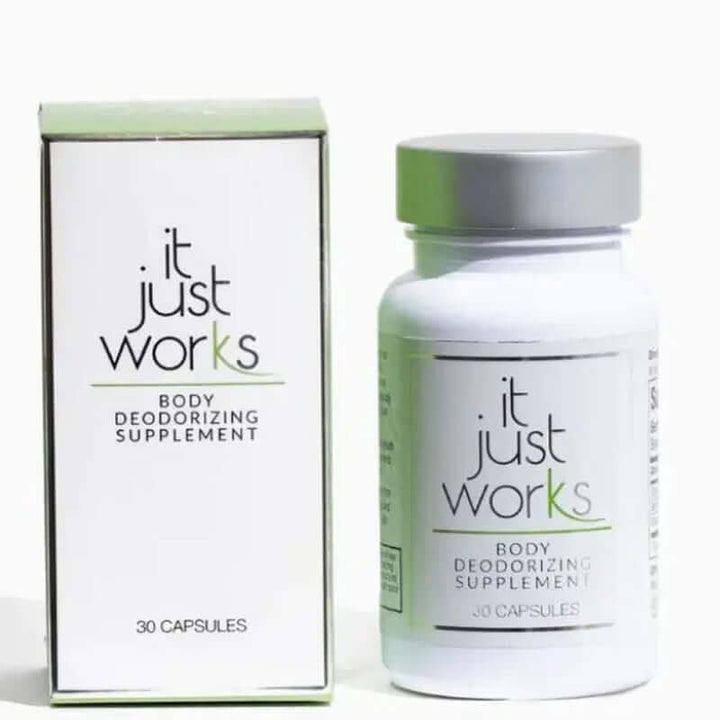 Deodorizing Supplement for Complete Body Care in a bottle and box, featuring 30 capsules for effective odor control.