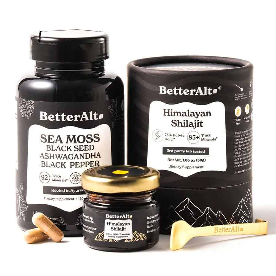 Himalayan Shilajit Sea Moss, Ashwagandha, Black Pepper dietary supplements in jars and capsules