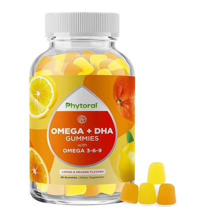 DHA Omega 3-6-9 Gummies for Adults in a clear bottle with lemon and orange flavored gummies inside.