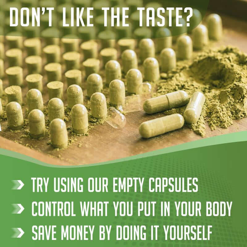 Organic Kelp Powder in empty capsules for a tasteless nutrition solution.