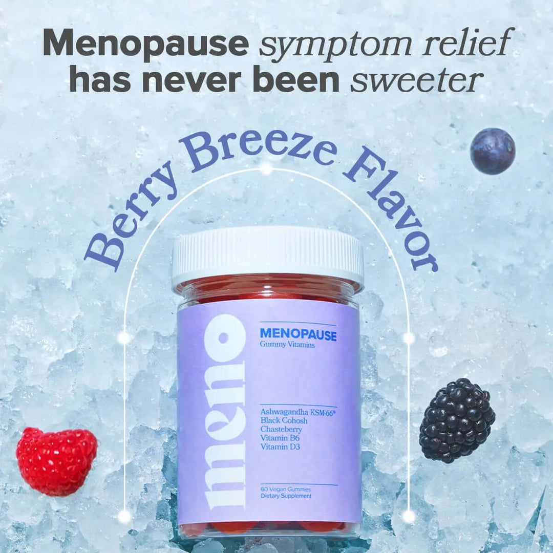 Menopause Supplements with Black Cohosh &amp; Ashwagandha in Berry Breeze flavor for symptom relief.