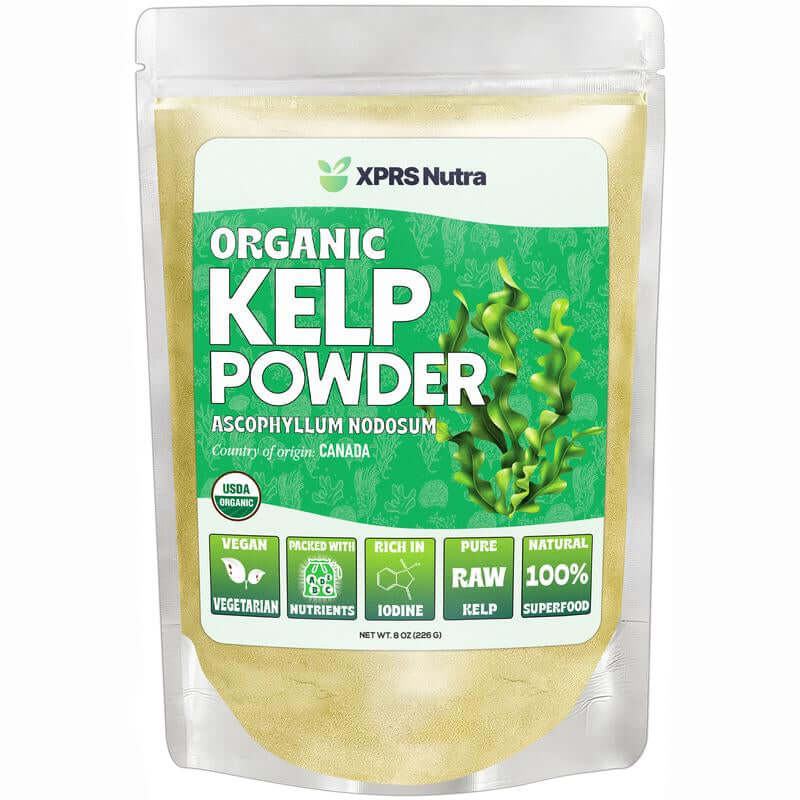 Organic Kelp Powder in a resealable pouch with nutrient information and seaweed graphics.