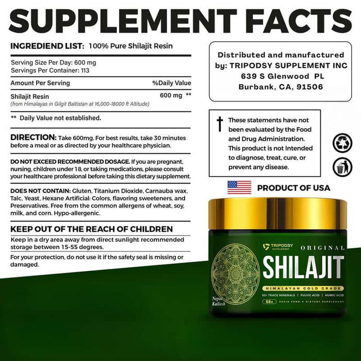 Pure Himalayan Shilajit Resin supplement facts, including ingredient list and serving size for energy boost.