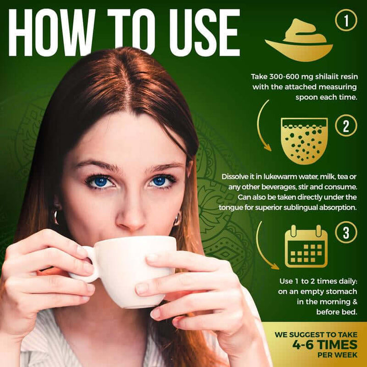 How to use Pure Himalayan Shilajit Resin with clear instructions and a woman drinking tea.