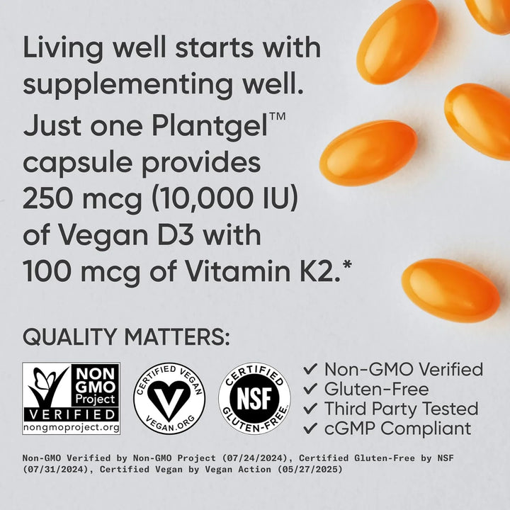 Sports Research® Vitamin D3 + K2 with 10,000Iu of Plant-Based D3 &amp; 100Mcg of Vitamin K2 as MK-7 | Non-Gmo Verified &amp; Vegan Certified 60Ct