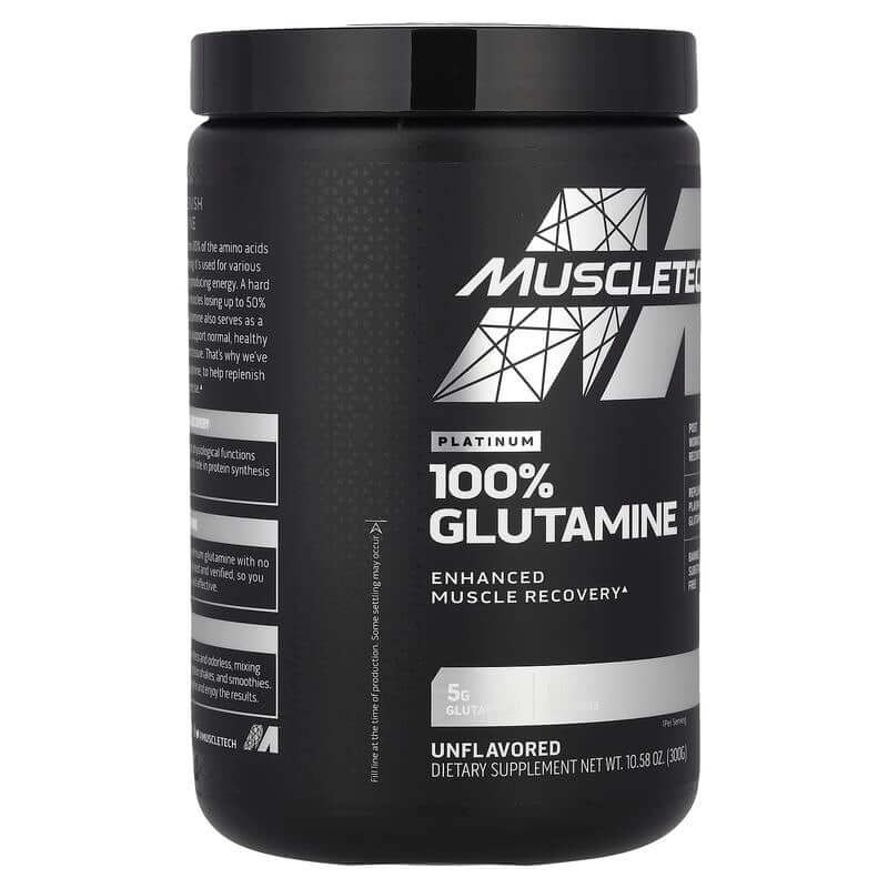 Product image of Platinum 100% Glutamine, Unflavored, 10.58 Oz (300 G) supplement jar.