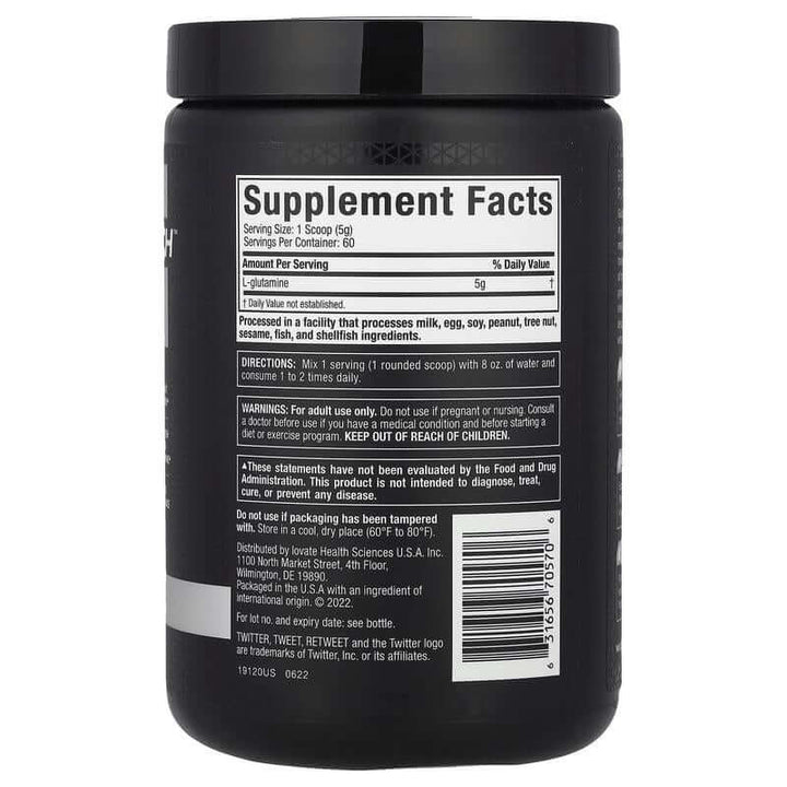 Supplement facts for Platinum 100% Glutamine, Unflavored, 10.58 Oz (300 G) showing serving size and directions.