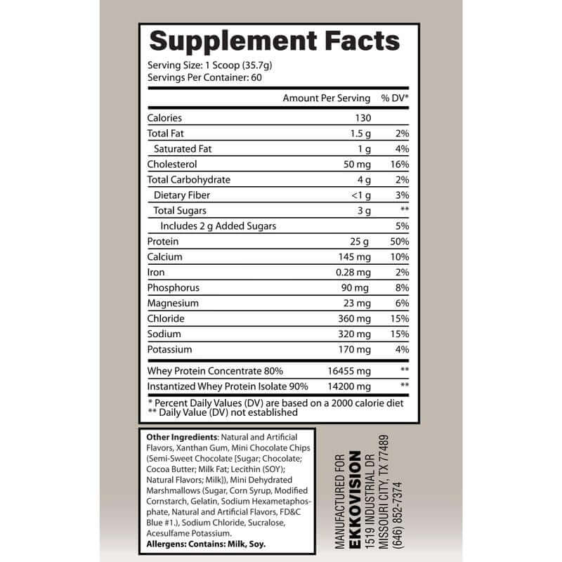 Supplement facts for Whey Protein Powder, detailing nutritional content and serving size.