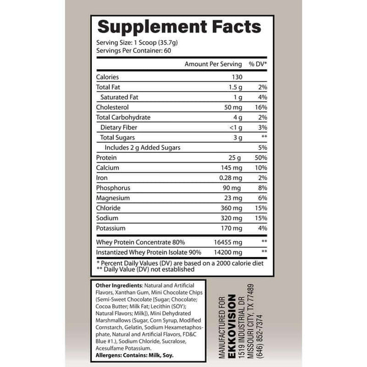 Supplement facts for Whey Protein Powder, detailing nutritional content and serving size.
