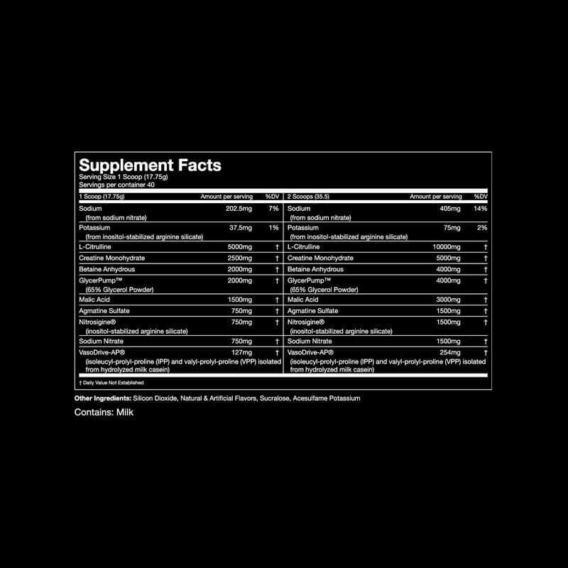 Stimulant Free Pre-Workout - Nitric Pump Formula supplement facts label with ingredients and nutritional information.
