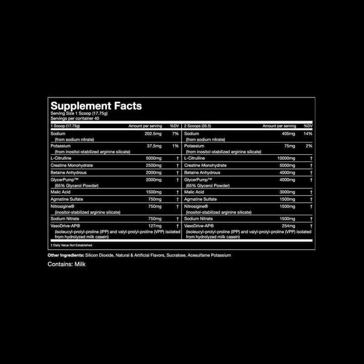Stimulant Free Pre-Workout - Nitric Pump Formula supplement facts label with ingredients and nutritional information.