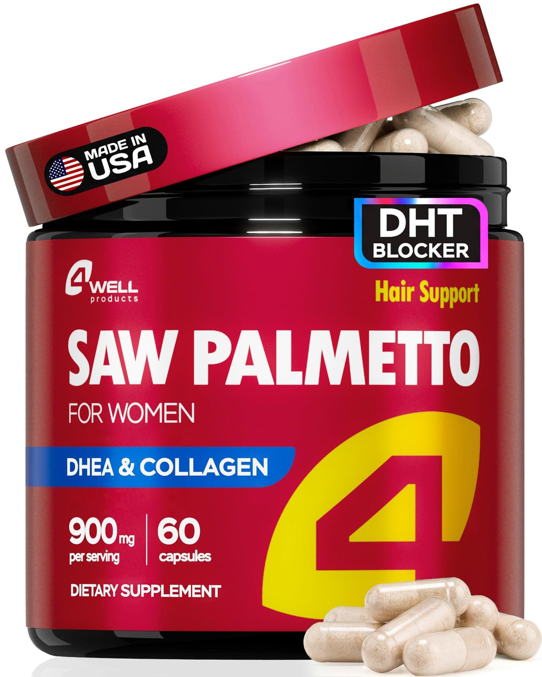 Saw Palmetto for Women 900Mg DHT Blocker for Hair Growth with DHEA Collagen Peptides Advanced Beauty Support Complex for Hair Skin Nails DHEA Supplement Thinning Support 60 Capsules