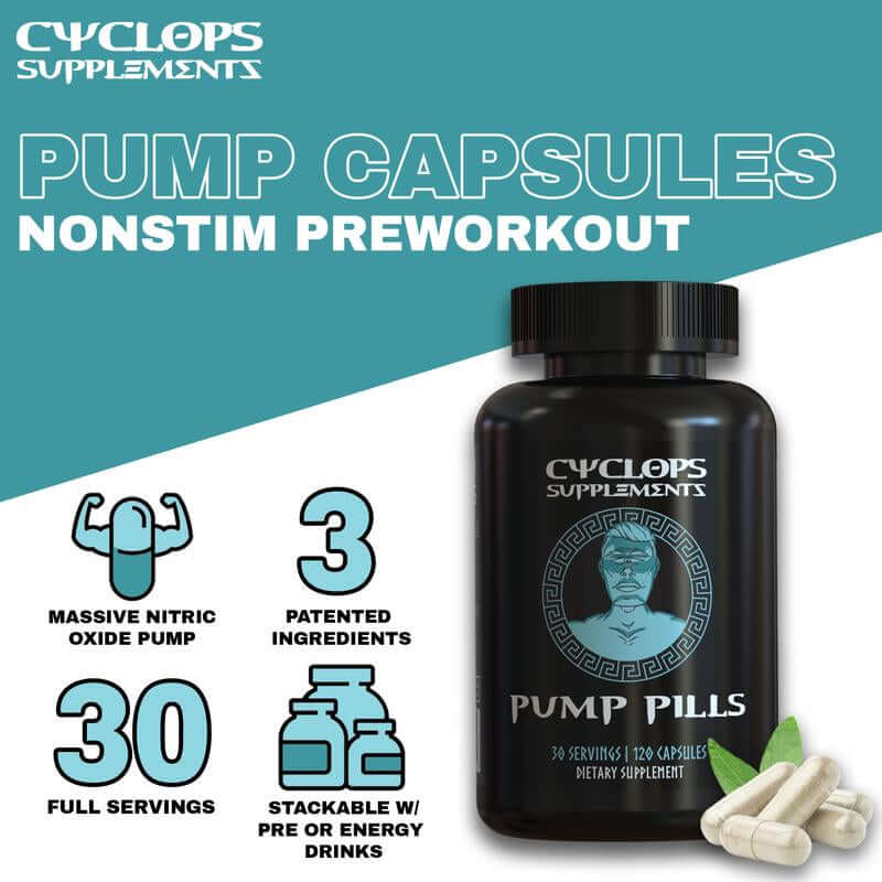 Nonstim Pre-Workout Pump Capsule Supplements in black bottle with pill count and key benefits listed.