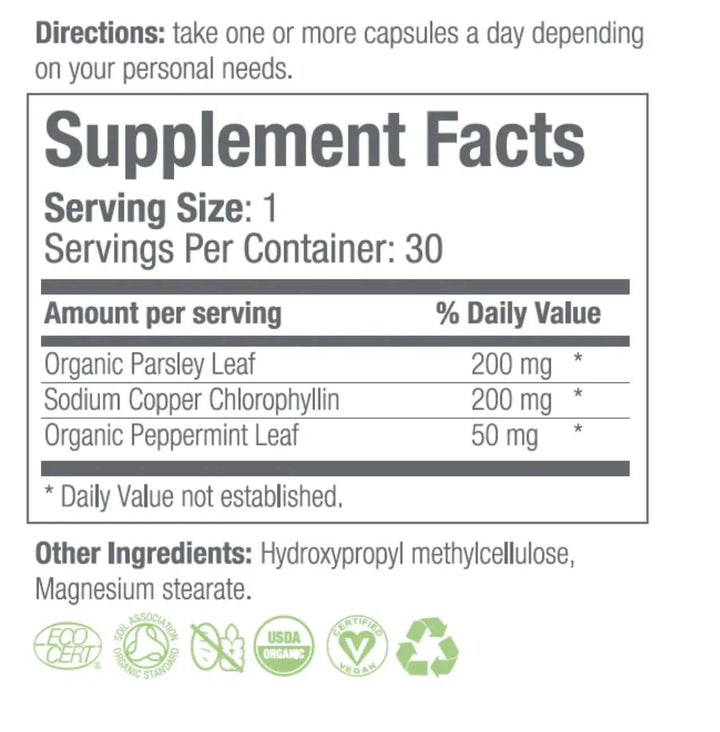 Supplement facts for Deodorizing Supplement for Complete Body Care, featuring organic parsley, chlorophyllin, and peppermint.