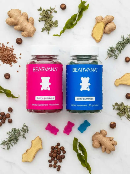 Women’s Support Supplement | Gummies Combo Pack in berry flavors, featuring two bottles on a marble surface.