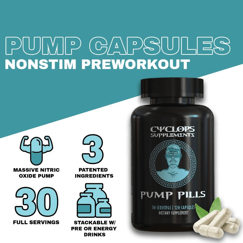 Nonstim Pre-Workout Pump Capsule Supplements packaging with 30 servings, 3 patented ingredients, and massive nitric oxide pump.