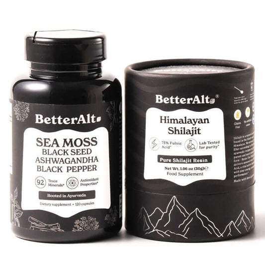 Himalayan Shilajit Sea Moss, Ashwagandha, Black Pepper dietary supplements by BetterAlt, featuring sea moss, shilajit, and ashwagandha.