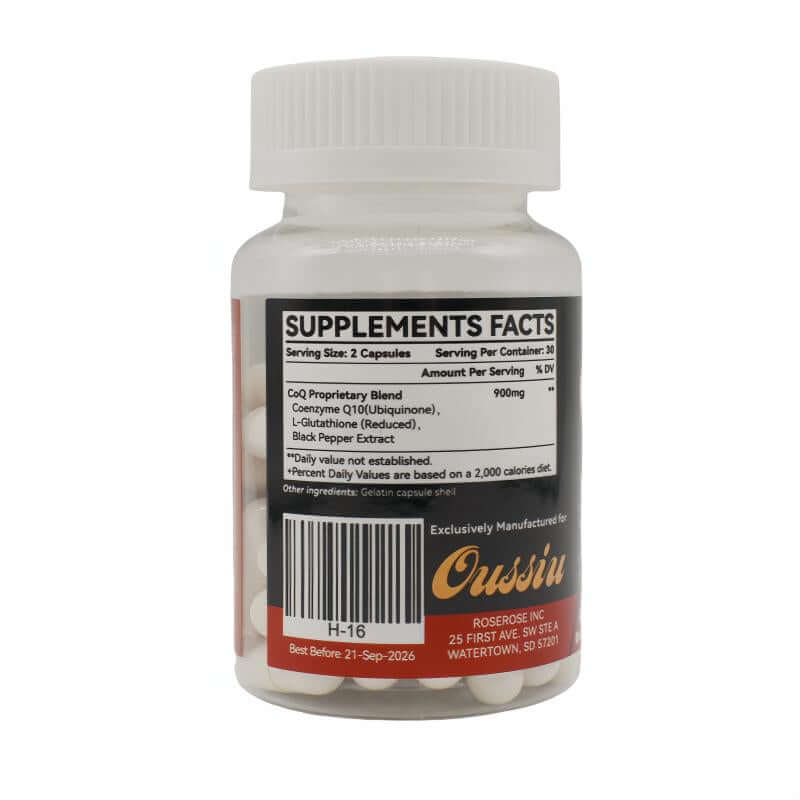 Bottle of 1000Mg CoQ10 Ubiquinone for Heart Health Energy supplement with supplement facts.