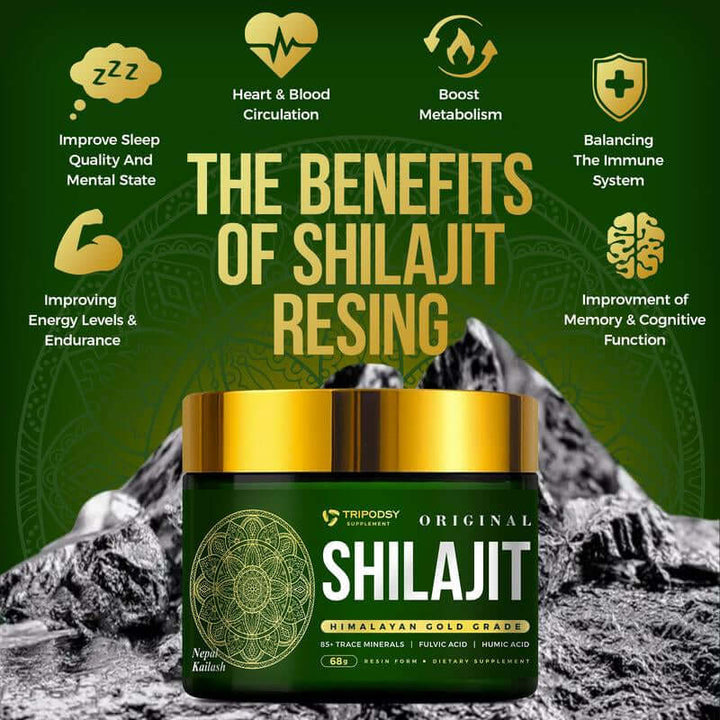 Pure Himalayan Shilajit Resin benefits infographic showing energy, metabolism, and immune support.