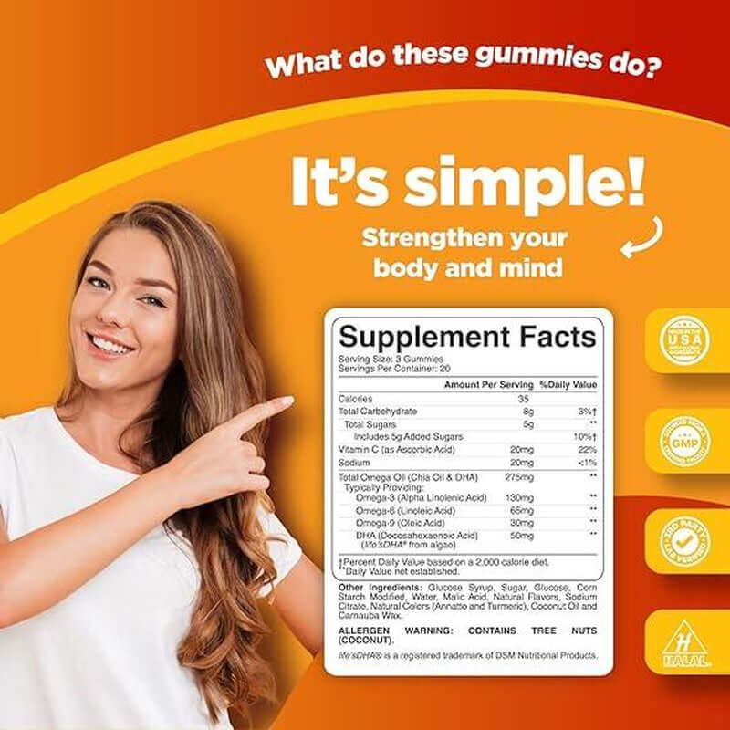 DHA Omega 3-6-9 Gummies for Adults supplement facts with woman showcasing health benefits.