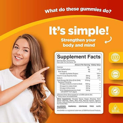 DHA Omega 3-6-9 Gummies for Adults supplement facts with woman showcasing health benefits.