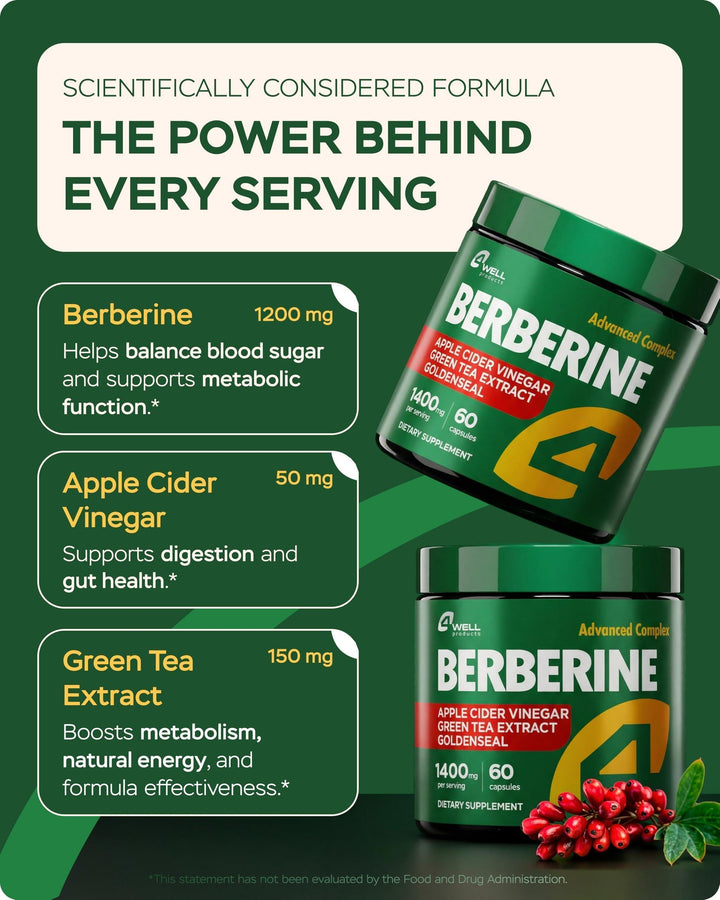 Ultimate Metabolic Support Supplement - Berberine HCL 1200mg &amp; Japanese Green Tea Extract 150mg with Apple Cider Vinegar &amp; Goldenseal for Digestive &amp; Immune Health - 60 Capsules