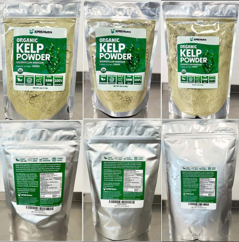 Organic Kelp Powder packaging options showcasing nutrient-rich seaweed for energy and metabolism support.
