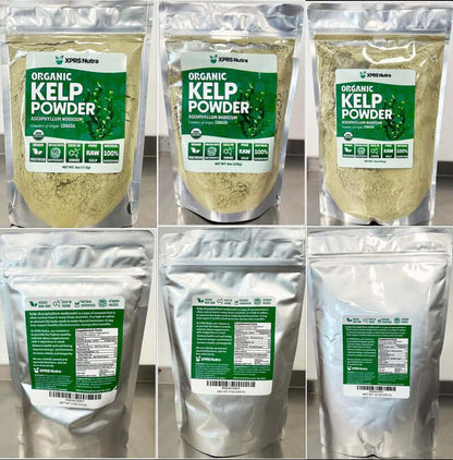 Organic Kelp Powder packaging options showcasing nutrient-rich seaweed for energy and metabolism support.