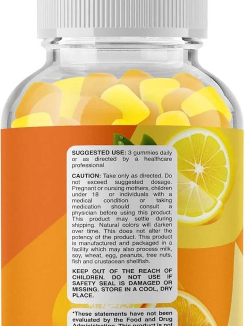 DHA Omega 3-6-9 Gummies for Adults in a bottle with a bright yellow label and gummies inside.