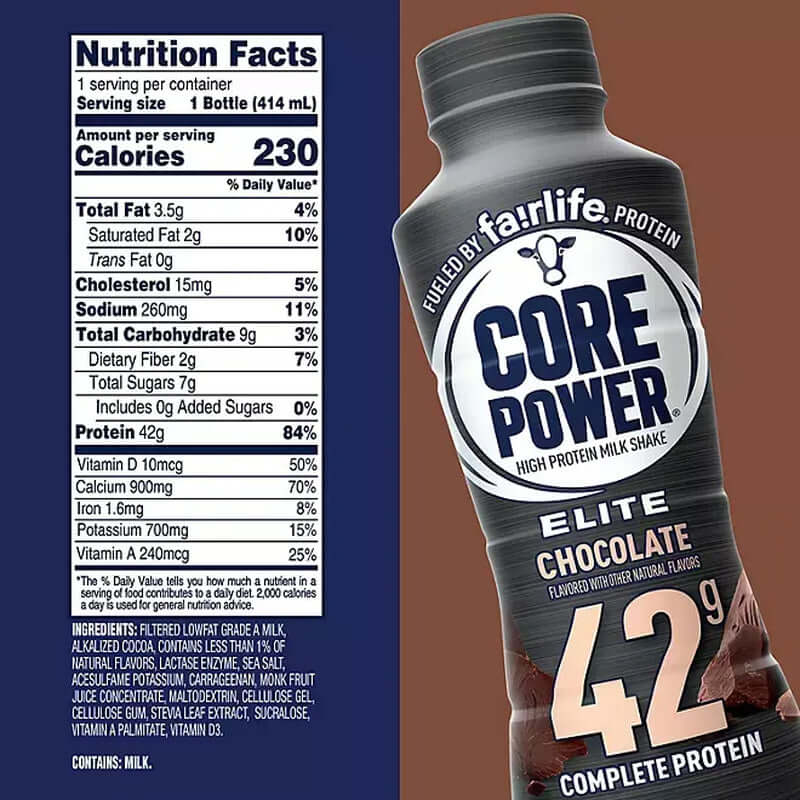 Core Power Protein Shake nutrition facts label with chocolate flavor and high protein content.