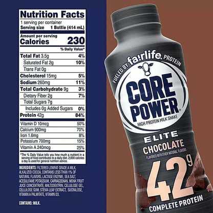 Core Power Protein Shake nutrition facts label with chocolate flavor and high protein content.