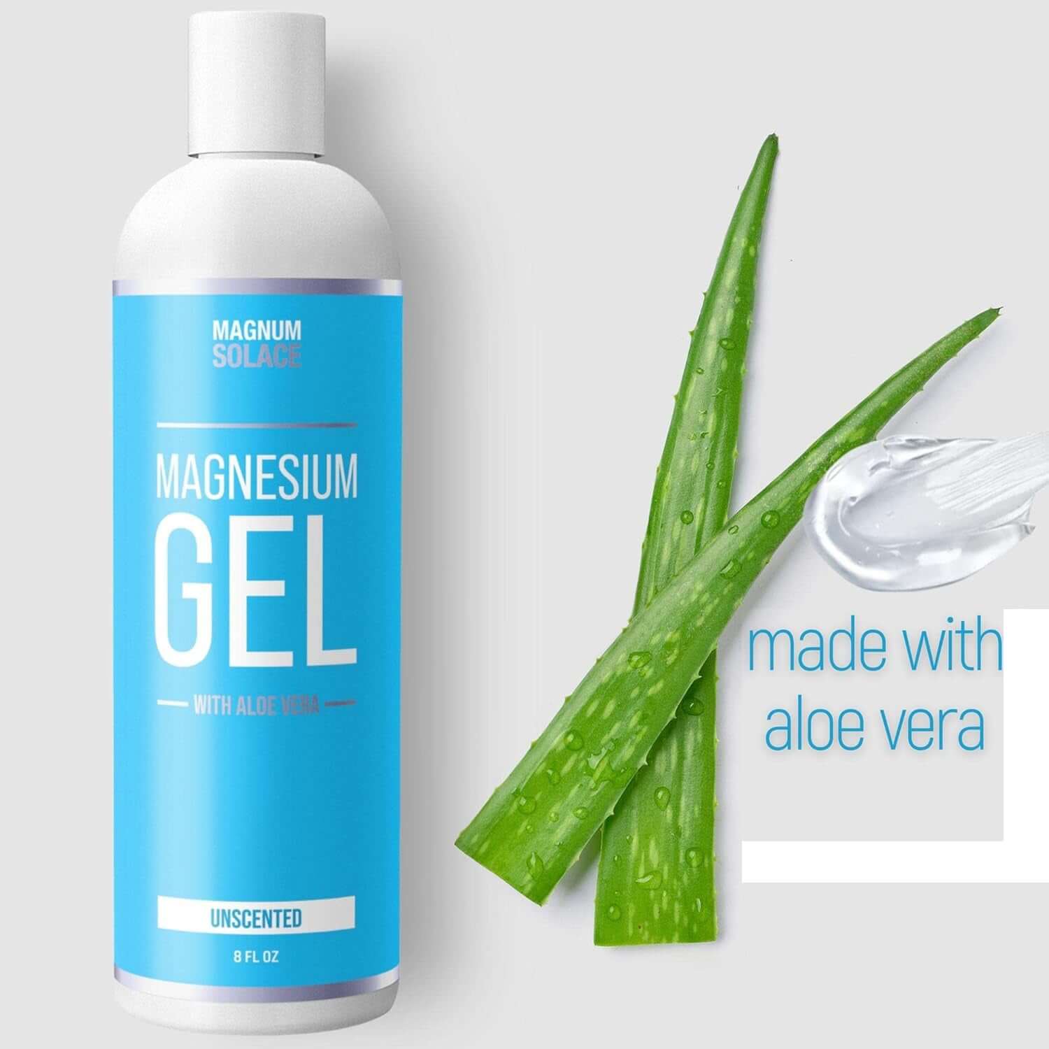 Magnesium gel with aloe vera in an 8 fl oz bottle, unscented, featured alongside fresh aloe leaves.