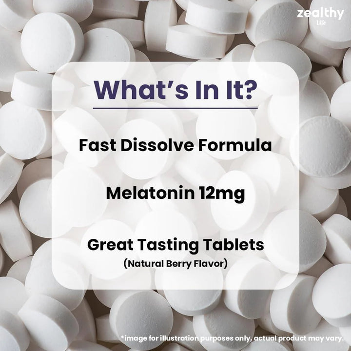 Melatonin 12Mg Fast Dissolve Tablets – Natural Berry Flavor 100 Count – Extra Strength Sleep Support for Adults – Non Habit Forming 100 Day Supply
