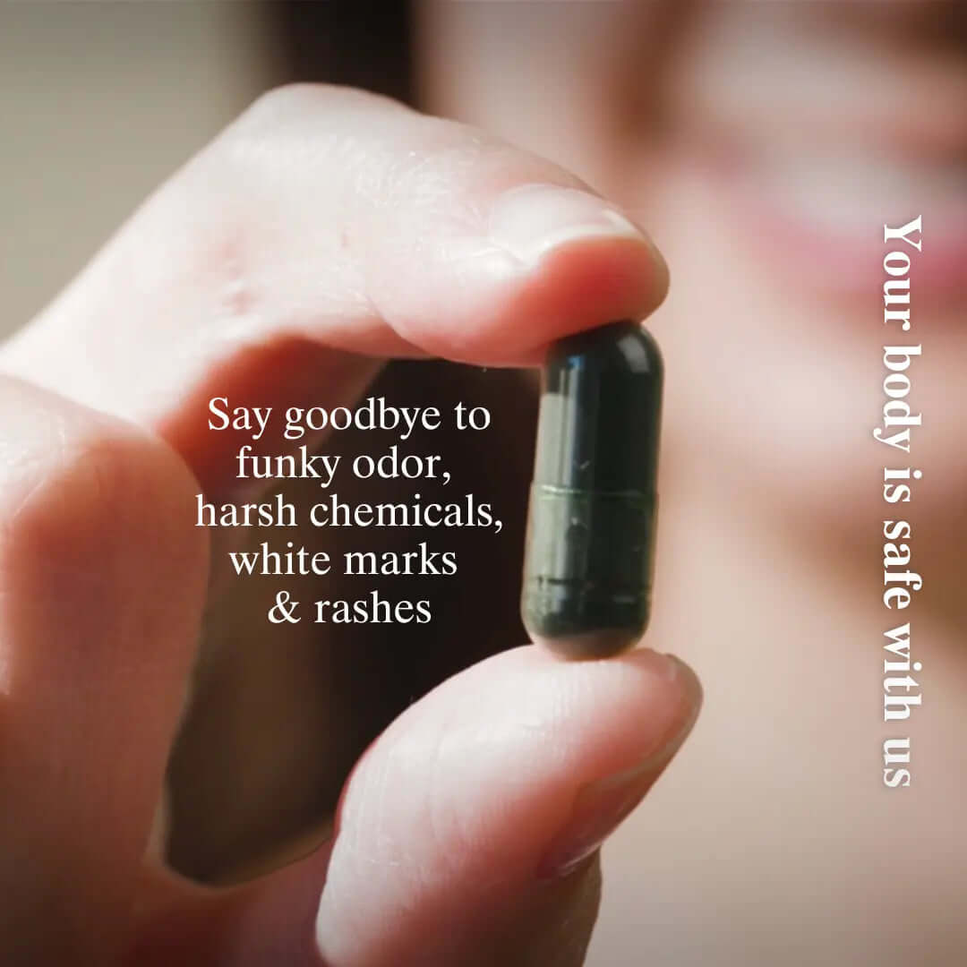 Deodorizing Supplement for Complete Body Care, capsule shown, targets body odors safely and effectively.