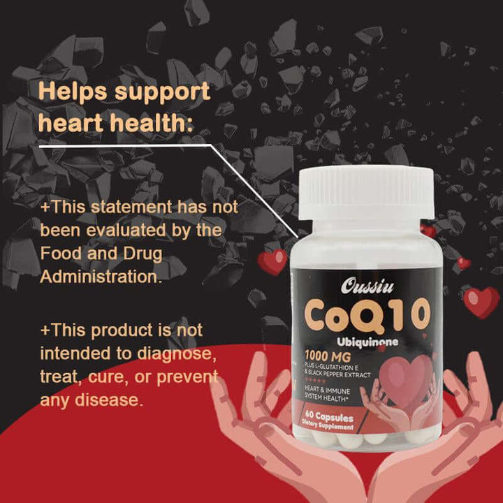 1000Mg CoQ10 Ubiquinone for Heart Health Energy - bottle on a graphic background promoting heart health.